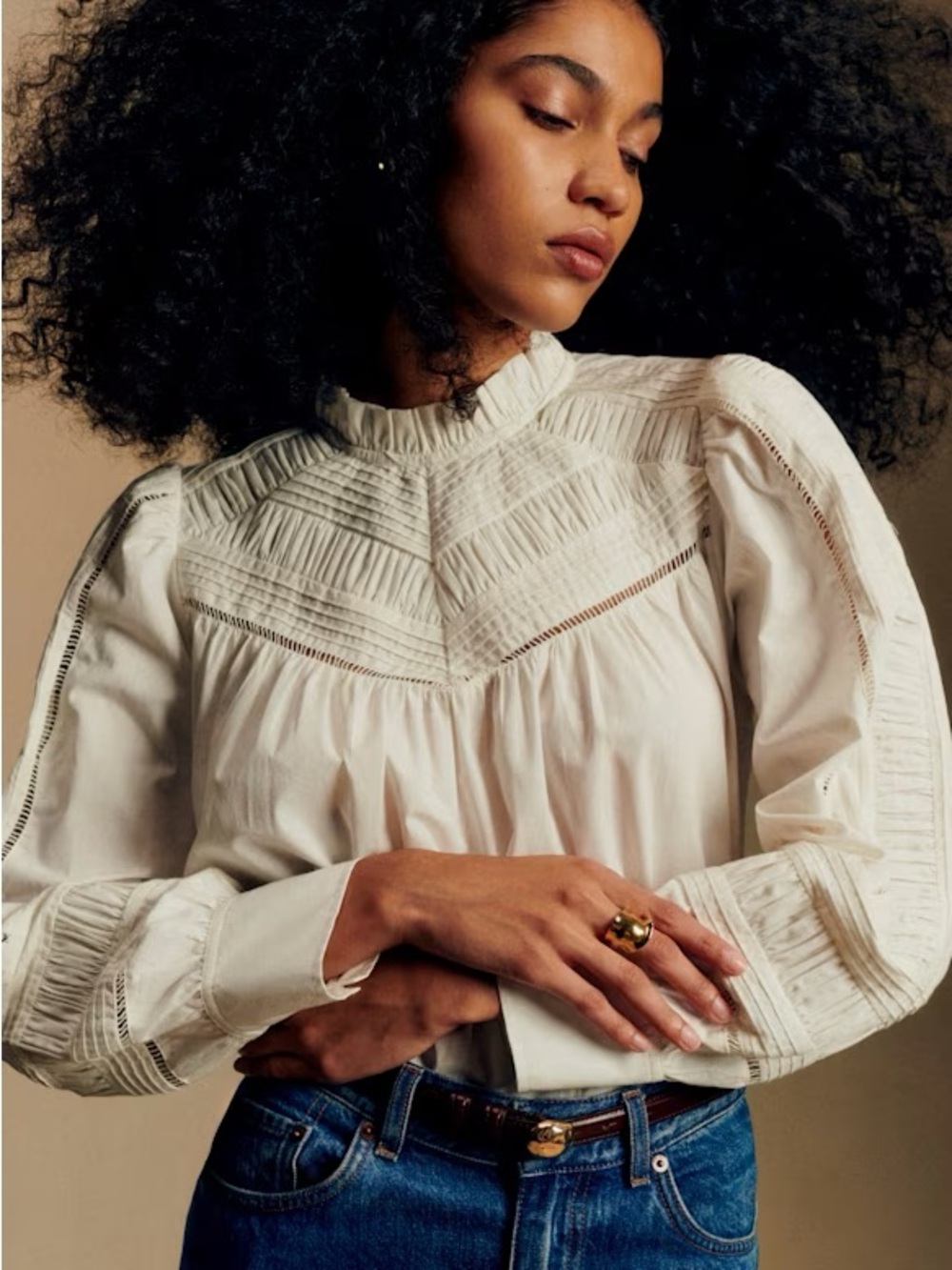 SEZANE Ecru White Oversized Embroidered Pleated Ruffle High Neck Datya Blouse